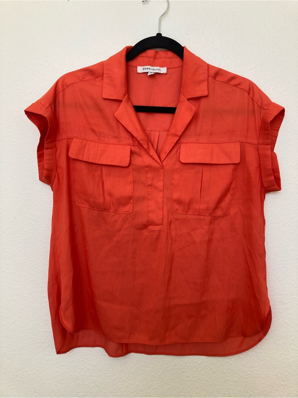 Rose & Olive Coral Red Short-Sleeve Camp Shirt Utility Blouse